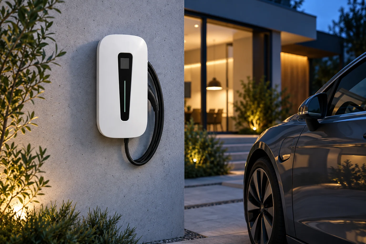 Witte laadstation aan de gevel van een moderne woning naast een elektrische auto